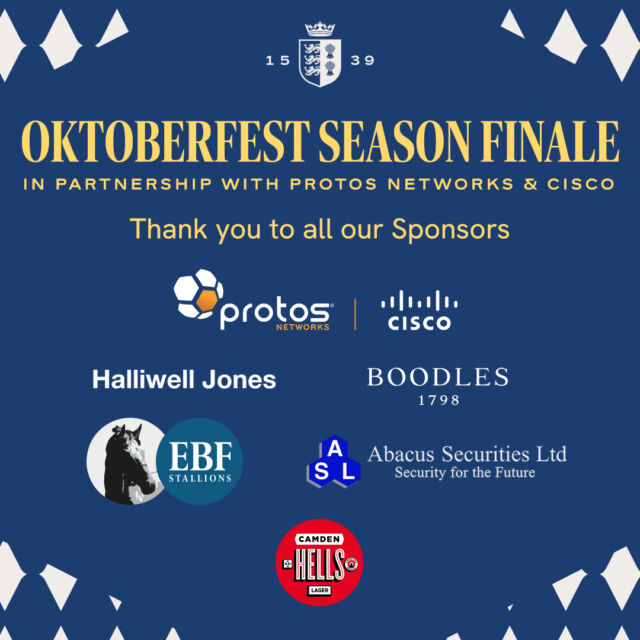 Our Oktoberfest Season Finale in partnership with Protos Networks and Cisco wouldn't be possible without our fabulous sponsors and partners🎉🏇

Thank you to:
@Protosnetworks 
@Cisco 
@HalliwellJones 
EBF 
@Boodles 
@Camdentownbrewery 
Abacus Securities 
 
Your support means the world to us! You all are truly amazing! 👏🎊